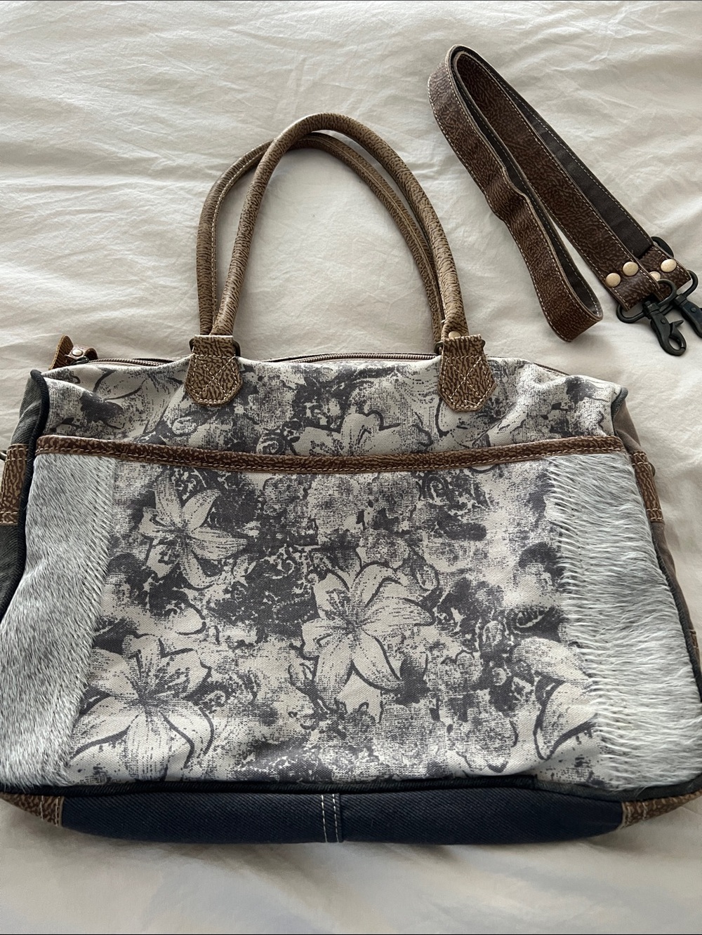 Myra Bag Gray and Brown Floral Canvas Tote